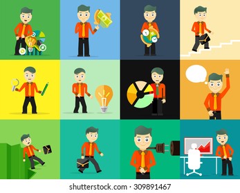 Set of businessman pose character concepts. Step, world, office and charts. Flat design