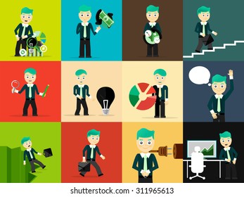 Set of businessman pose character concepts. Step, world, office and charts. Flat design
