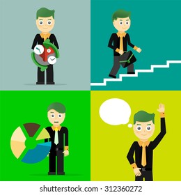 Set of businessman pose character concepts. Step, world, office and charts. Flat design