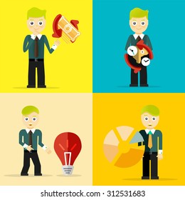 Set of businessman pose character concepts. Step, world, office and charts. Flat design