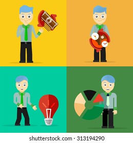 Set of businessman pose character concepts. Time management, money, idea, world, office and charts. Flat design