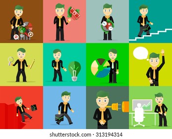Set of businessman pose character concepts. Step, world, office and charts. Flat design