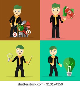 Set of businessman pose character concepts. Idea, finance, office and charts. Flat design