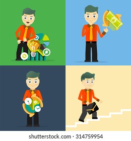 Set of businessman pose character concepts. Step, world, office and charts. Flat design