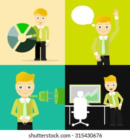 Set of businessman pose character concepts. Step, world, office and charts. Flat design