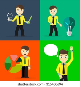 Eine Reihe von Geschäftsleuten stellen Zeichenkonzepte dar. Schritt, Welt, Büro und Diagramme. Flachdesign