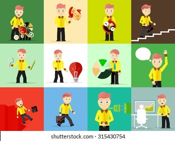 Set of businessman pose character concepts. Step, world, office and charts. Flat design
