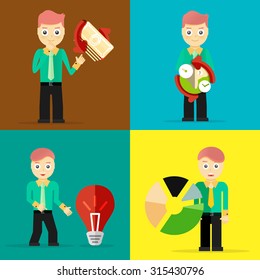 Set of businessman pose character concepts. Step, world, office and charts. Flat design
