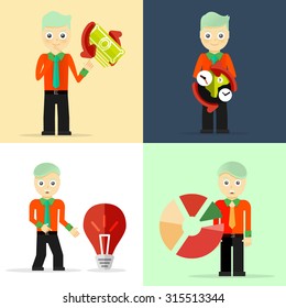 Set of businessman pose character concepts. Step, world, office and charts. Flat design