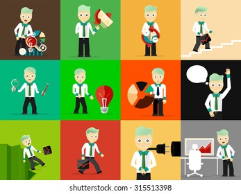 Set of businessman pose character concepts. Step, world, office and charts. Flat design