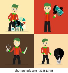 Set of businessman pose character concepts. Step, world, office and charts. Flat design