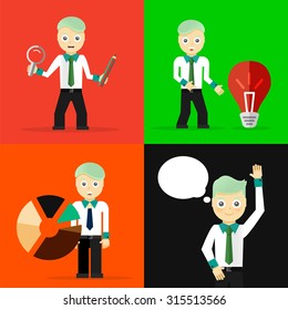 Conjunto de empresarios plantean conceptos de carácter. Paso, mundo, oficina y gráficos. Diseño plano