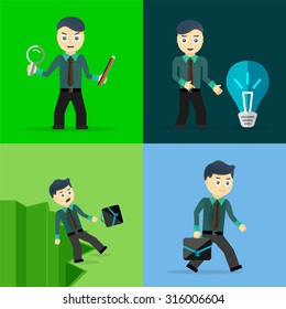 Set of businessman pose character concepts. Step, world, office and charts. Flat design