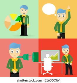 Set of businessman pose character concepts. Step, world, office and charts. Flat design