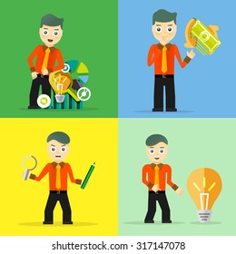 Set of businessman pose character concepts. Step, world, office and charts. Flat design