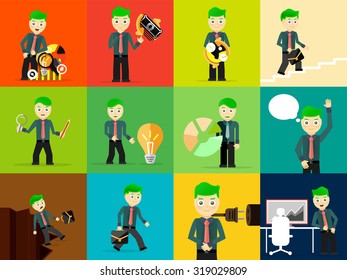 Conjunto de empresarios plantean conceptos de carácter. Paso, mundo, oficina y gráficos. Diseño plano