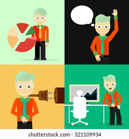 Conjunto de empresarios plantean conceptos de carácter. Paso, mundo, oficina y gráficos. Diseño plano