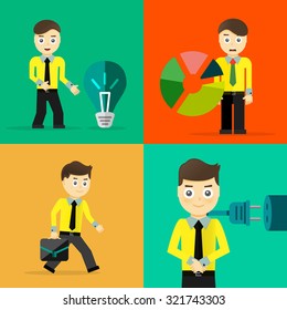 Set of businessman pose character concepts. Step, world, office and charts. Flat design