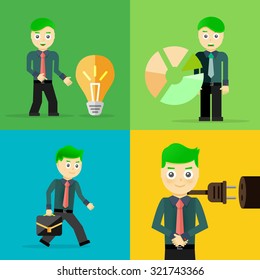 Conjunto de empresarios plantean conceptos de carácter. Paso, mundo, oficina y gráficos. Diseño plano