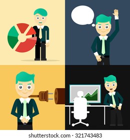 Conjunto de conceitos de personagem de pose de homem de negócios. Passo, mundo, escritório e gráficos. Design plano