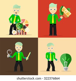 Set of businessman pose character concepts. Step, world, office and charts. Flat design