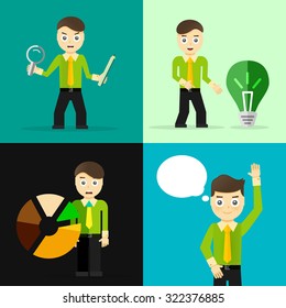 Conjunto de empresarios plantean conceptos de carácter. Paso, mundo, oficina y gráficos. Diseño plano