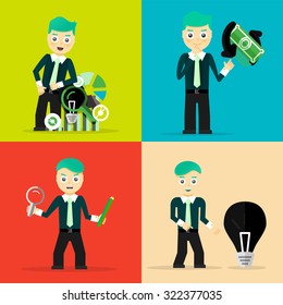 Set of businessman pose character concepts. Step, world, office and charts. Flat design