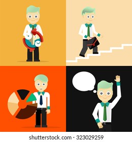 Set of businessman pose character concepts. Step, world, office and charts. Flat design