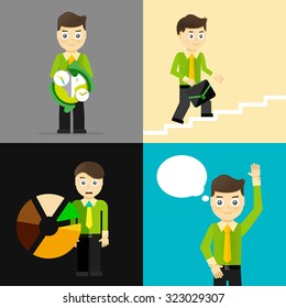 Conjunto de empresarios plantean conceptos de carácter. Paso, mundo, oficina y gráficos. Diseño plano