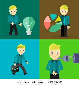 Set of businessman pose character concepts. Step, world, office and charts. Flat design