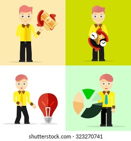 Set of businessman pose character concepts. Step, world, office and charts. Flat design