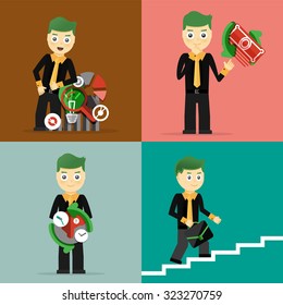 Set of businessman pose character concepts. Step, world, office and charts. Flat design