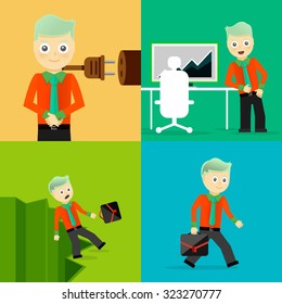 Set of businessman pose character concepts. Step, world, office and charts. Flat design