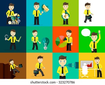 Set of businessman pose character concepts. Step, world, office and charts. Flat design