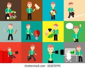 Set of businessman pose character concepts. Step, world, office and charts. Flat design