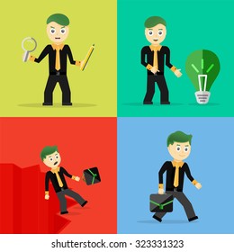 Set of businessman pose character concepts. Step, world, office and charts. Flat design