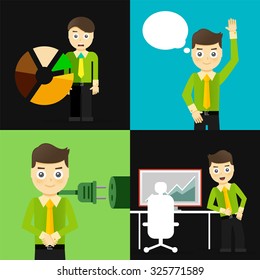 Conjunto de conceitos de personagem de pose de homem de negócios. Passo, mundo, escritório e gráficos. Design plano