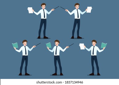 Set of businessman pose as pointing to educate, presentation, meeting, conference, mentor, coach on seminar, annual report training concept. Business company briefing and discussion analysis.