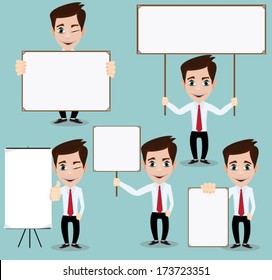 Set, a businessman with a poster for text