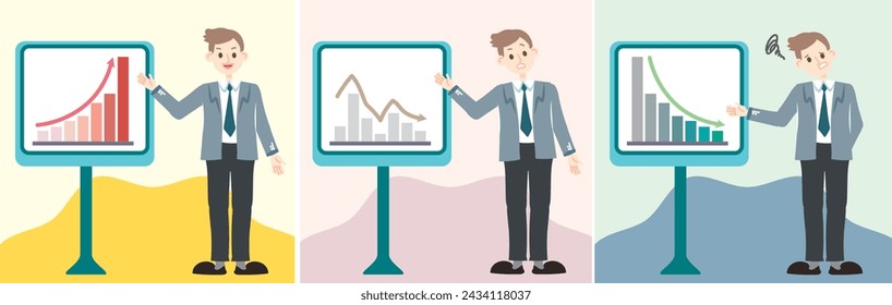 Conjunto de hombres de negocios presente crecimiento, disminución y lentitud de la rotación del gráfico o la flecha del gráfico de beneficios. Caricatura plana estilo de trabajo de oficina personaje de actuación. Informe comercial. Presentación financiera. Análisis