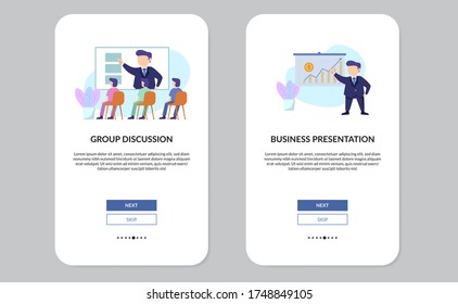 set of businessman presentation and discussion concept for explaining project and meeting, video conference, online meeting. flat design illustration