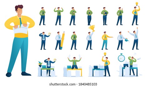 Set of BusinessMan. Presentation in various in various poses and actions. 2D Flat character vector illustration N4.