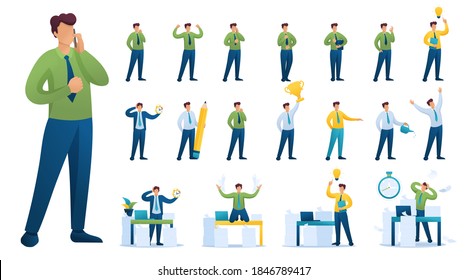 Set of BusinessMan. Presentation in various in various poses and actions. 2D Flat character vector illustration N3.
