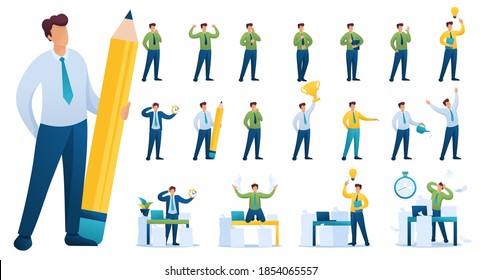 Conjunto de BusinessMan. Presentación en varios aspectos en diferentes posiciones y acciones. Ilustración vectorial de caracteres planos 2D