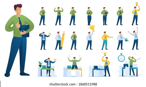 Set of BusinessMan. Presentation in various in various poses and actions. 2D Flat character vector illustration N1.