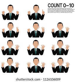 Set of businessman is presenting hand sign for counting 0 to 10
