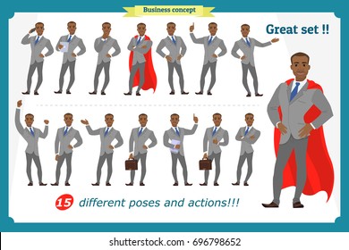 Set of businessman presenting in various action.Happy young black  African men in business suit.People character. Standing. Face,body elements for design, animation work.Isolated vector on white. Flat