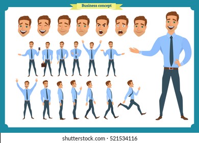 Set Of Businessman Presenting In Various Action.Pupil Character For Your Scenes.Parts Of Body Template For Design Work And Animation.Face,body Elements.Isolated On White Background.Flat Style.business