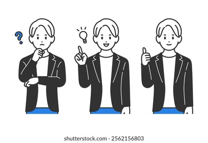 Set of businessman in Questioning Pose and Inspiration Pose and Good【vector／illustration／person】