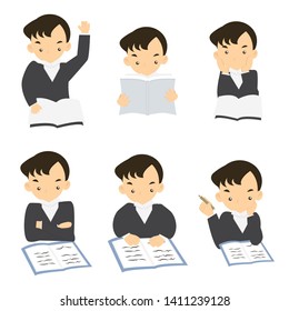 Set of businessman reading Vector illustration character portrait of businessman, sitting in office, signing agreement, deal, contract on paper.